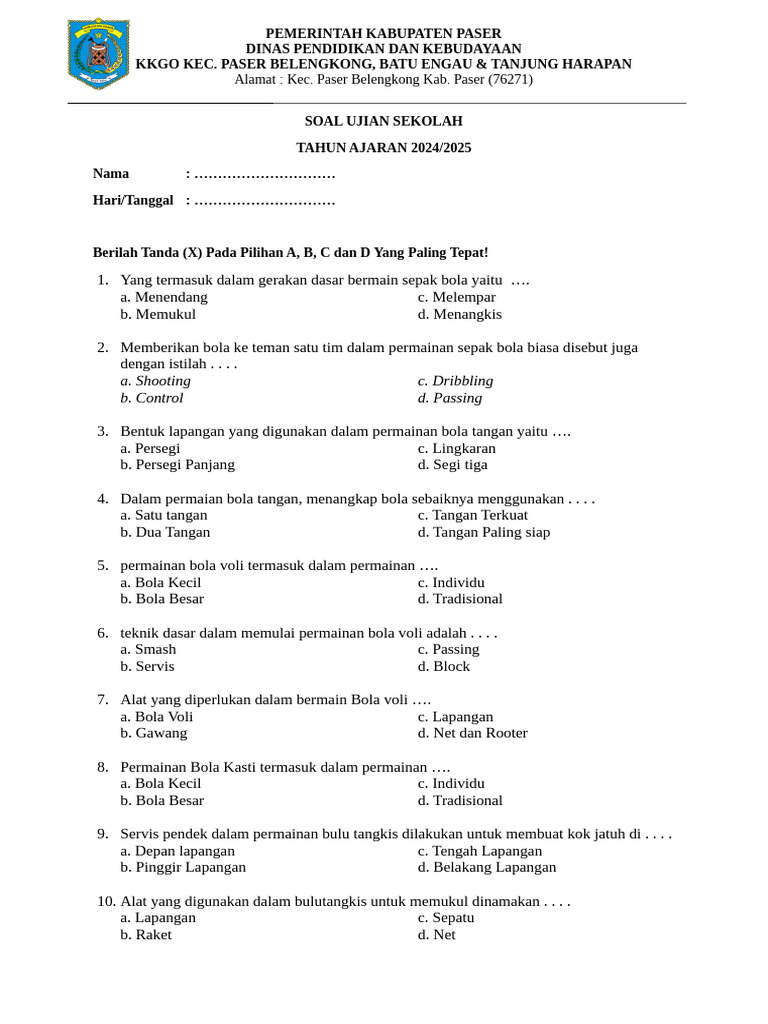 Soal Ujian Sekolah Olahraga 2024 2025 PDF Soal Ujian Sekolah Olahraga 2024 2025 PDF